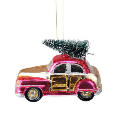 Northlight 4.75" Pink and Gold Embellished Car Carrying a Frosted Christmas Tree Ornament