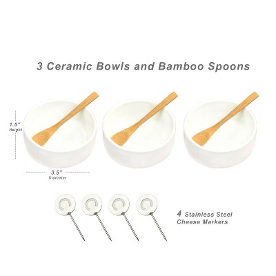 Elegant Bamboo and Ceramic 3-Bowl Serving Set with Cheese Markers
