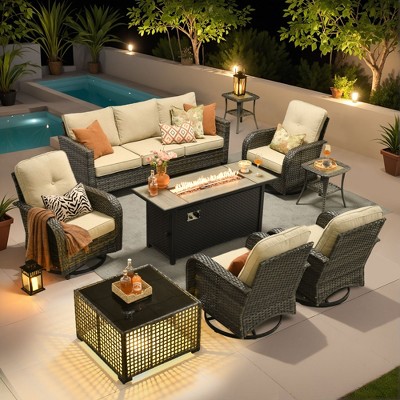 XIZZI Patio Furniture Sets for Outdoor Relaxation, Comfy 3.5-Inch Cushions & 360° Swivel Action for Extra Comfort, 9 Pcs/Set - Fire Pit Table, Beige