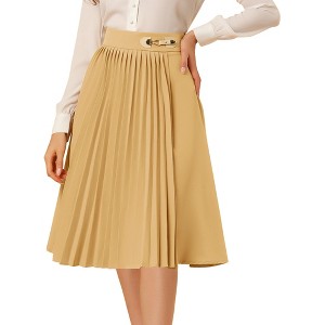 INSPIRE CHIC Women's Pleated Retro High Waist Belted Decor A-line Skirt - 1 of 4