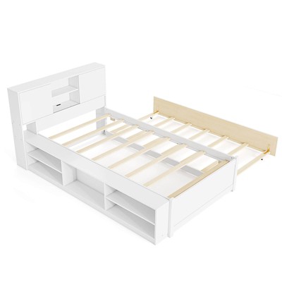Safstar Twin Size Bed Frame with Trundle & Power Outlet Bookcase Headboard Sliding Doors