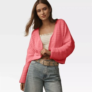 Womens Cardigan Sweater Knit Cropped Open Front Strip Rib Textured Cardigan with Curved Hem Trendy Sweater Cardigan Knit Shrugs - 1 of 4