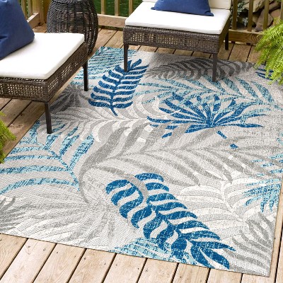 Gray and Blue Synthetic Palm Leaves 3' x 5' Area Rug