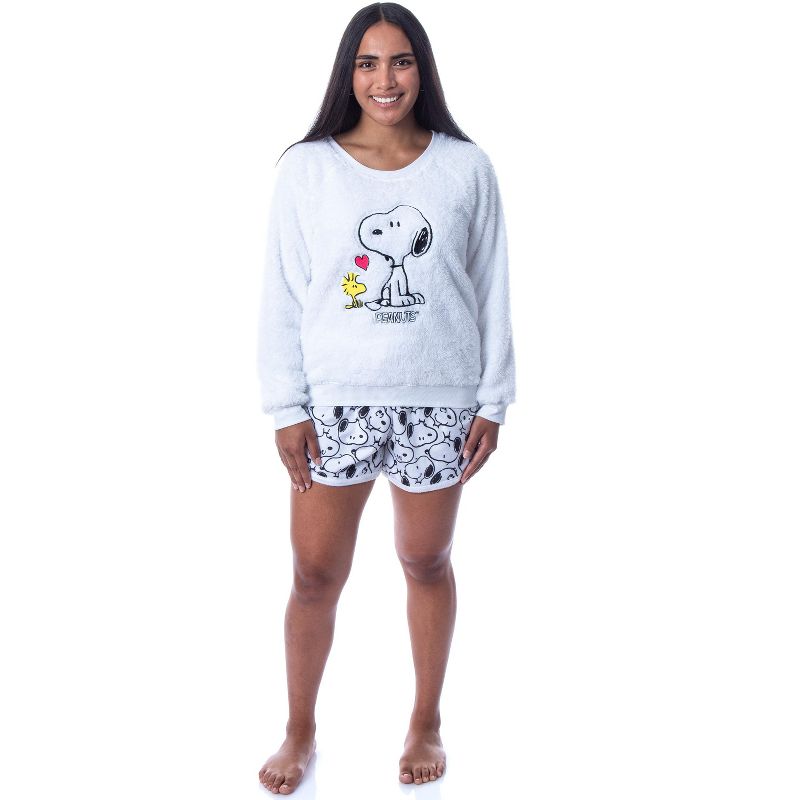 Peanuts Womens' Snoopy and Woodstock Sweater and Shorts Sleep Pajama Set White, 2 of 6