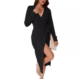 BLUEMING Women's V-Neck Asymmetric Knit Dress - Long Sleeve Belted Sweater Dress - 1 of 4