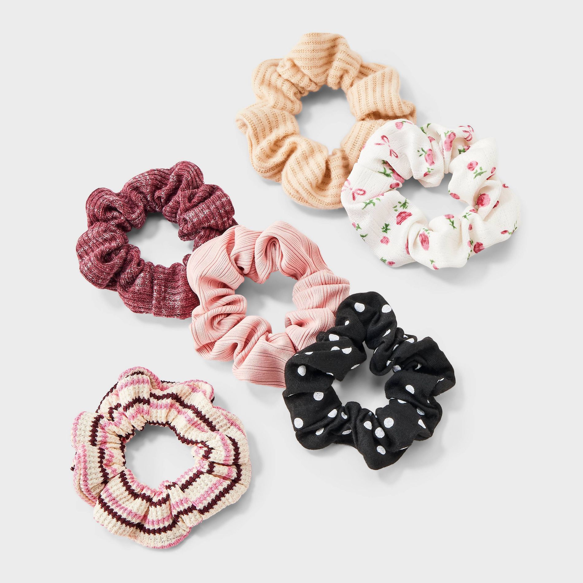 Polka Dot Stripe & Floral Twister Scrunchie Hair Tie Set 5pc - Wild Fable™ Multi