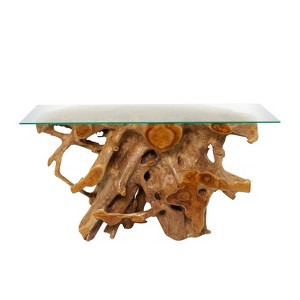 Contemporary Teak Wood Organic Console Table Brown - Olivia & May: Glass Top, No Assembly Required - 1 of 4