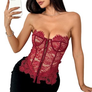 Clearlove Women's Lace Trim Low Cut Curve Button Down Strapless Corset Top Bustier Tube Tops - 1 of 4