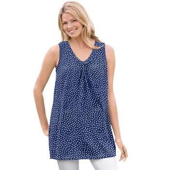 Woman Within Women's Plus Size Perfect Printed Sleeveless Shirred V-Neck Tunic