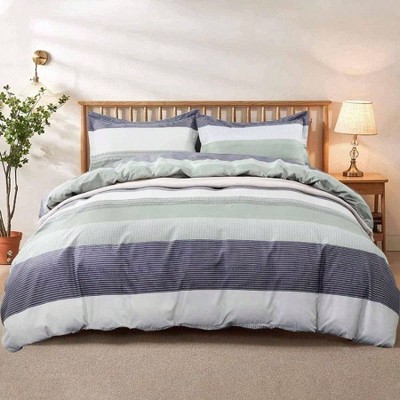 Queen Duvet Cover Set 3pc 90x90 Gray Mint Green Striped Microfiber Comforter with Zipper and Ties - Modern Chambray