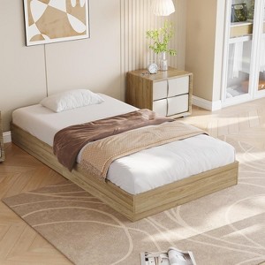 King Wood Bed Frame, Floor Standing, Wooden Slats, No Box Spring Needed, Noise Free & Easy Assembly, Modern Minimalist, Burlywood/Walnut Wood - 1 of 4
