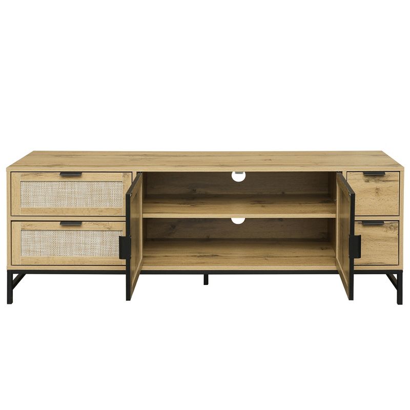 59.09" Elegant Rattan TV Stand with Adjustable Shelves and Wood Grain Finish - ModernLuxe, 5 of 10