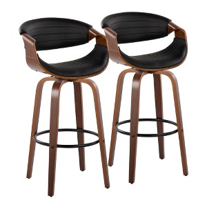 Set of 2 30" Faux Leather Mid-Century Modern Barstools with Swivel, Tufted Upholstery, and Wood Legs with Round Metal Footrest for Kitchen - 1 of 4