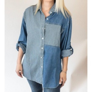 Women's Mineral Washed Pinstripe Color Block Shirt - ee:some - 1 of 4