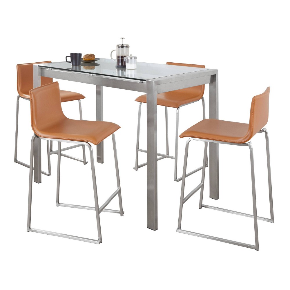 Photos - Dining Table LumiSource 5pc Fuji Mara Counter Height Dining Set Stainless Steel Glass/Camel PU Leather