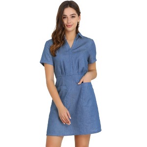 Allegra K Women's Turndown Collar Chambray Solid A-Line Shirt Denim Dress with Pockets - 1 of 4