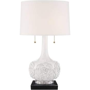 Possini Euro Design Natalia Country Cottage Table Lamp with Square Black Marble Riser 27" Tall White Floral Ceramic Drum Shade for Bedroom Living Room