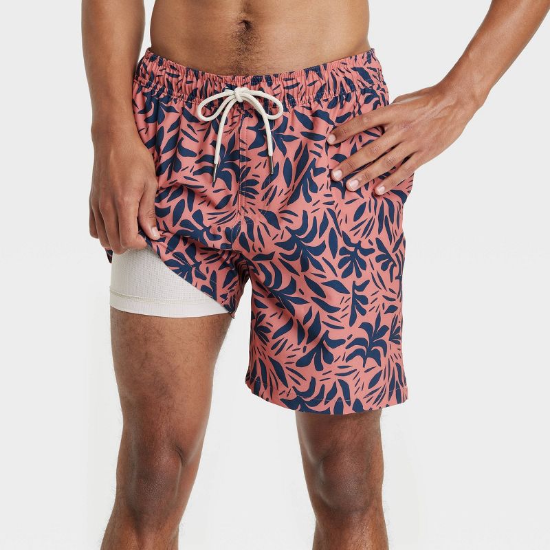 Men's 7" Leaf Print Swim Shorts with Boxer Brief Liner - Goodfellow & Co™ Navy Blue, 5 of 6