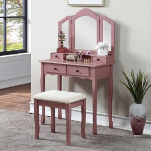 2 Pieces Make Up Table And Stool Set, Makeup Vanity Desk With 3-panel Mirror And 4 Vanity Drawers, Rectangular Thick Cushion Bench - 1 of 4