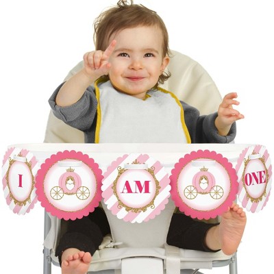 Big Dot of Happiness Little Princess Crown 1st Birthday Highchair Decor - I Am One - First Birthday High Chair Pink and Gold Princess Banner