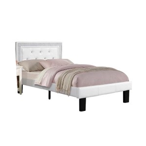 Royal Hampton Twin Bed with Silver Trim, White Button Tufted Faux-Leather - 1 of 4