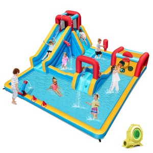 Costway Inflatable Water Park with Climbing Wall Boxing Post Basketball Rim Blower - 1 of 4