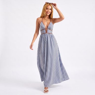 Anna-Kaci Women's Halter Deep V Cut-out Striped Empire Waist Maxi Dress-Medium, Royal : Target