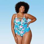 Women's Plus Size Strappy V Neck One Piece Swimsuit - Cupshe-Blue