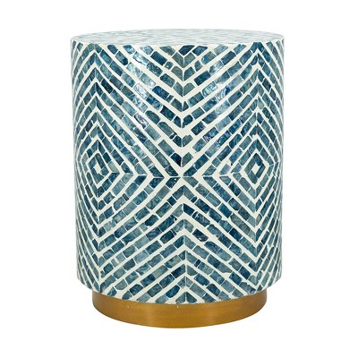 HDZNVF 14x14x18 inch Round Accent End Table with Blue and White Design and Gold Pedestal Base