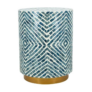 HDZNVF 14x14x18 inch Round Accent End Table with Blue and White Design and Gold Pedestal Base - 1 of 4