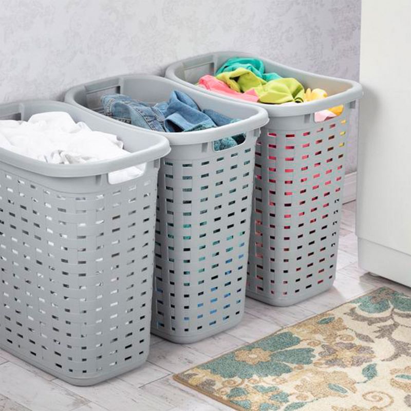 Sterilite Plastic Wicker Style Weave Laundry Hamper, Portable Slim Clothes Storage Basket Bin with Lid and Handles, Cement Gray, 8-Pack, 5 of 7