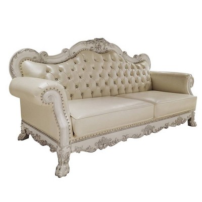 Dresden White Faux Leather Tufted Camelback Sofa with Nailhead Trim