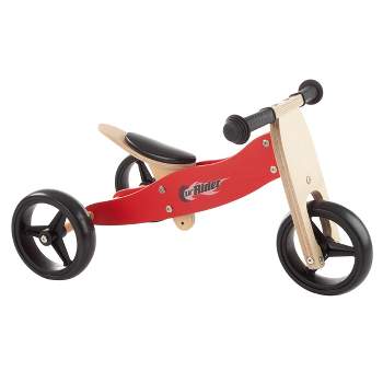 Toy Time 2-in-1 Wooden Balance Bike and Push Tricycle- Ride-On Toy with Easy Grip Handles, No Pedals, Rubber Wheels - Red