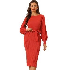 Allegra K Women's Knit Belted Round Neck Lantern Sleeves Casual Pleated Sweater Dresses - 1 of 4