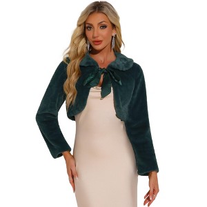 INSPIRE CHIC Women's Evening Bow Tie Front Turndown Collar Faux Fur Fluffy Cropped Coat - 1 of 4