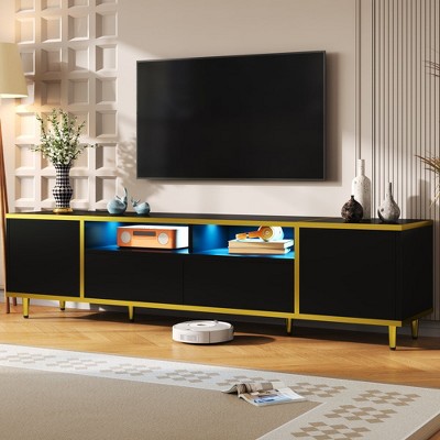 Chic Crate-Modern TV Stand for 80" TVs – 2 Shelves + LED Lights | 2 Drawers & Cabinets | Metal Legs | Living Room