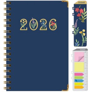 HARDCOVER 2026 Planner, 5.5"x8": 14 Months (Nov 2025-Dec 2026), Daily/Weekly/Monthly,  Bookmark, Pocket Folder w Sticky Notes (Navy Gold Numbers) - 1 of 4