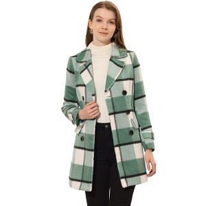 Allegra K Women's Notched Lapel Double Breasted Winter Plaids Overcoat - 1 of 4