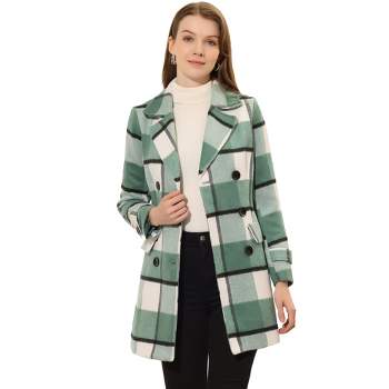 Allegra K Women's Notched Lapel Double Breasted Winter Plaids Overcoat