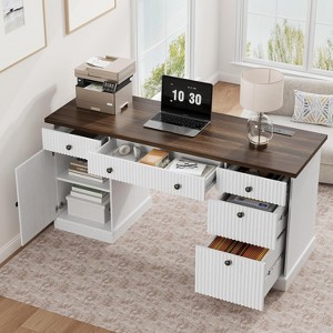 COZONY 60" Fluted Home Office Desk, Modern Wooden Executive Computer Desk with Drawers & File Cabinet for Study, Living Room, Bedroom - 1 of 4