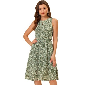 Allegra K Women's Floral Split Neck Drawstring Waist Sleeveless A-Line Summer Midi Dress - 1 of 4