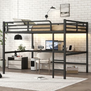 KTMBDW Loft Bed, Metal Bedframe with Ladder and Safety Guardrail, Build-in Power Outlet and LED, No Box Spring Needed, Noise Free - 1 of 4