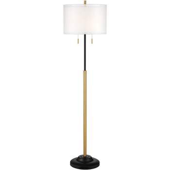 Possini Euro Design Roxie Modern Floor Lamp Standing 65 1/2" Tall Brass Black Metal Sheer Linen Double Drum Shade for Living Room Bedroom Office House
