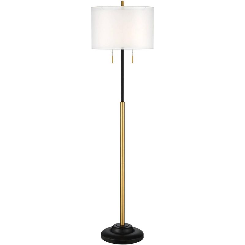 Possini Euro Design Roxie Modern Floor Lamp Standing 65 1/2" Tall Brass Black Metal Sheer Linen Double Drum Shade for Living Room Bedroom Office House, 1 of 12