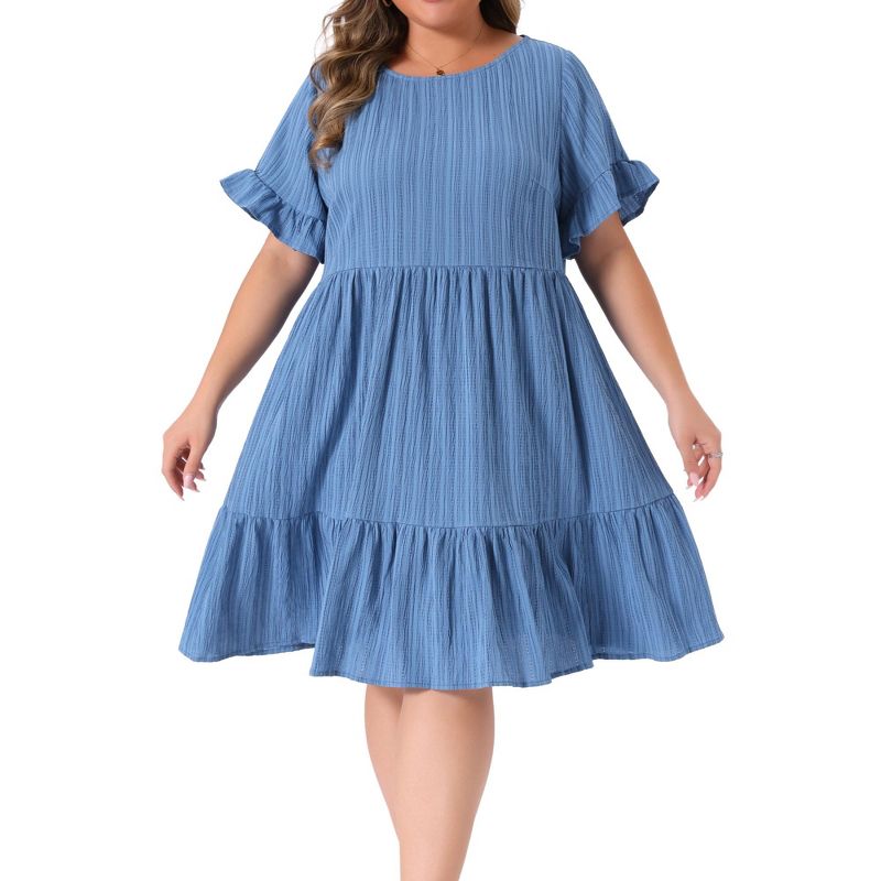Women's Plus Size Ruffle Short Sleeve Crew Neck Tiered Summer Casual Midi A Line Dresses - Agnes Orinda 1X Dusty Blue