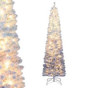 Costway 6/7 FT Snow-flocked Artificial Christmas Tree with 220 Warm White LED Lights, 8 Modes - 1 of 4