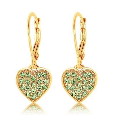 Chanteur Hypoallergenic Kids Jewelry Accessories Heart Green Crystal Yellow Gold Brass Plating Earrings leverback is made from 925 Sterling silver