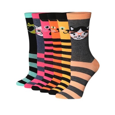 Women's 6 Pairs Lightweight Colorful Meow Stripes Patterned Crew Socks
