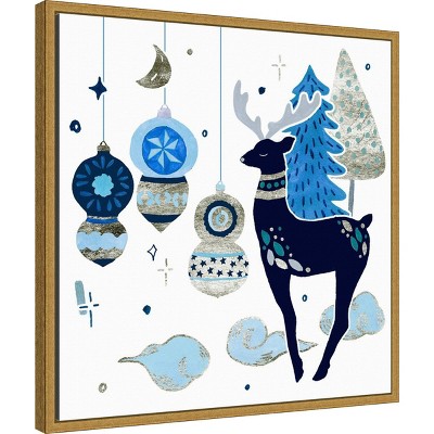 Whimsical Blue Reindeer Holiday Framed Canvas Wall Art