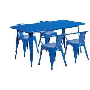 Emma and Oliver Commercial Grade Rectangular Blue Metal Indoor-Outdoor Table Set-4 Arm Chairs - 1 of 4